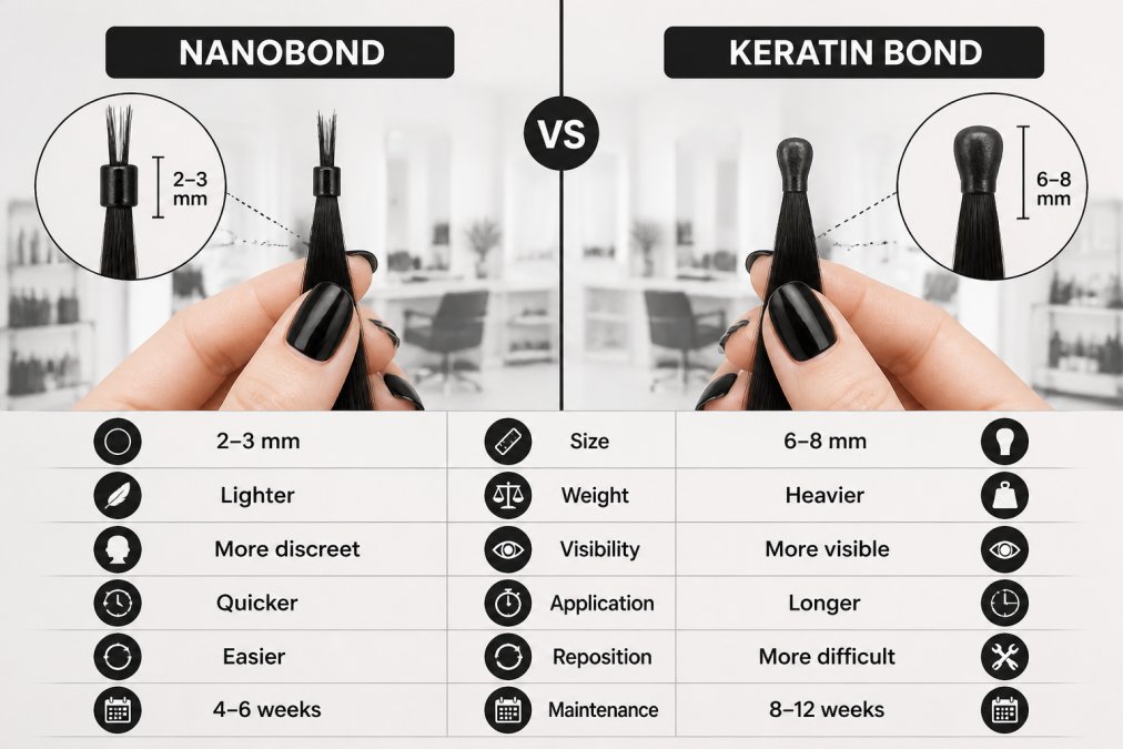 Close-up of a hair stylist's hands holding two small sections of hair extensions side by side, one showing a tiny nano ring bond and the other a keratin bond, in a bright salon setting