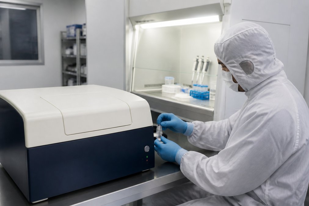 Laboratory technician operating an automatic laser nanoparticle analyzer in a cleanroom environment, with the instrument's display visible and sample preparation area in background