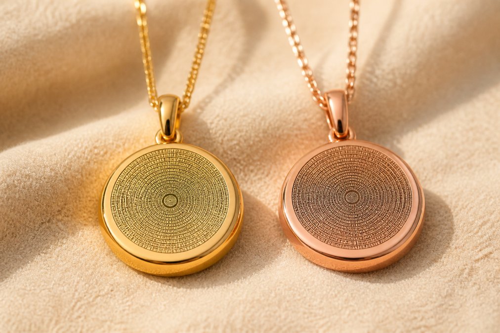 Two elegant gold and rose gold pendant necklaces with microscopic engravings displayed side by side on a soft velvet surface, soft natural lighting highlighting the polished metal