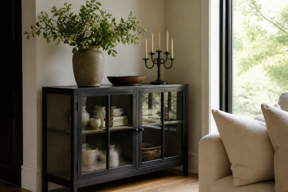 A bright, styled living room corner featuring a glass-door sideboard cabinet styled with a handmade ceramic vase, faux botanicals, and a wrought iron candelabra, next to a window with soft natural light