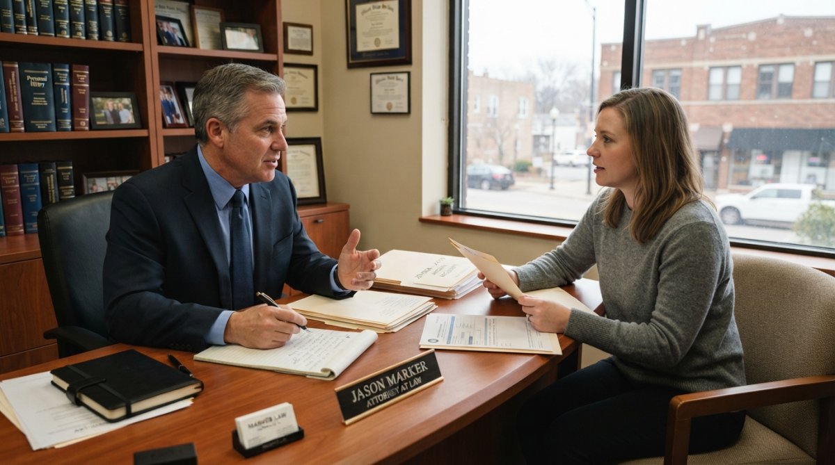 Personal injury attorney in professional office reviewing accident case documents and evidence with client across desk, natural lighting from large window