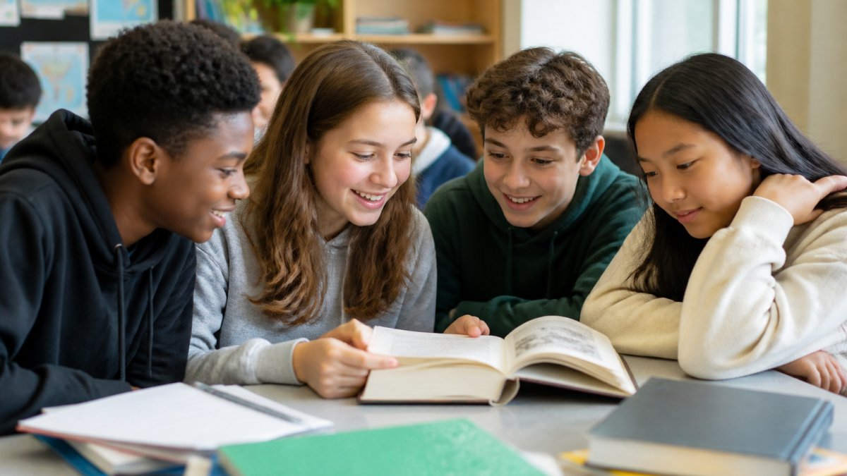 A diverse group of middle school students sitting together in a classroom, reading from a narrative-based lesson book with genuinely engaged expressions and interest visible on their faces, natural classroom lighting