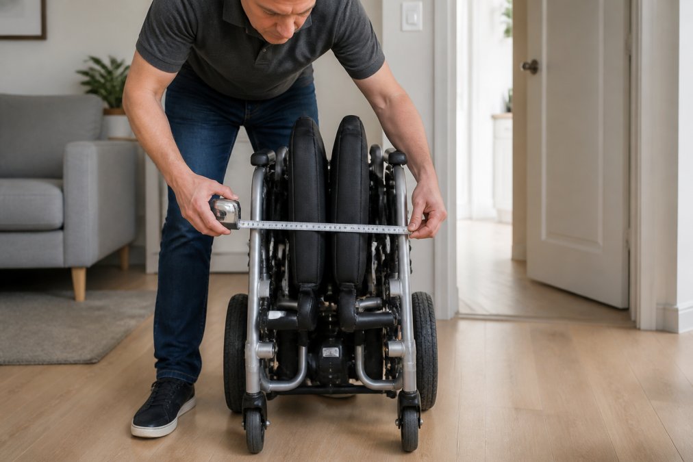 A person using a metal tape measure to check the width of a folded electric wheelchair frame in a bright living room, with a standard interior doorway visible in the background