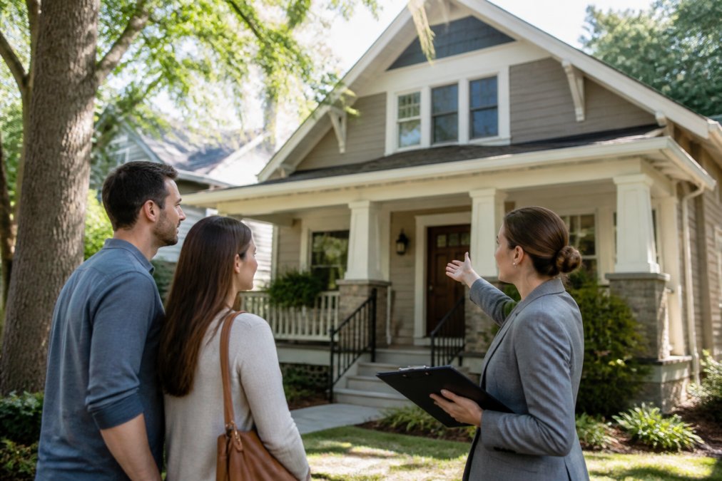 A real estate agent showing a young couple a charming craftsman-style home in a tree-lined Nashville neighborhood, pointing out features with a clipboard