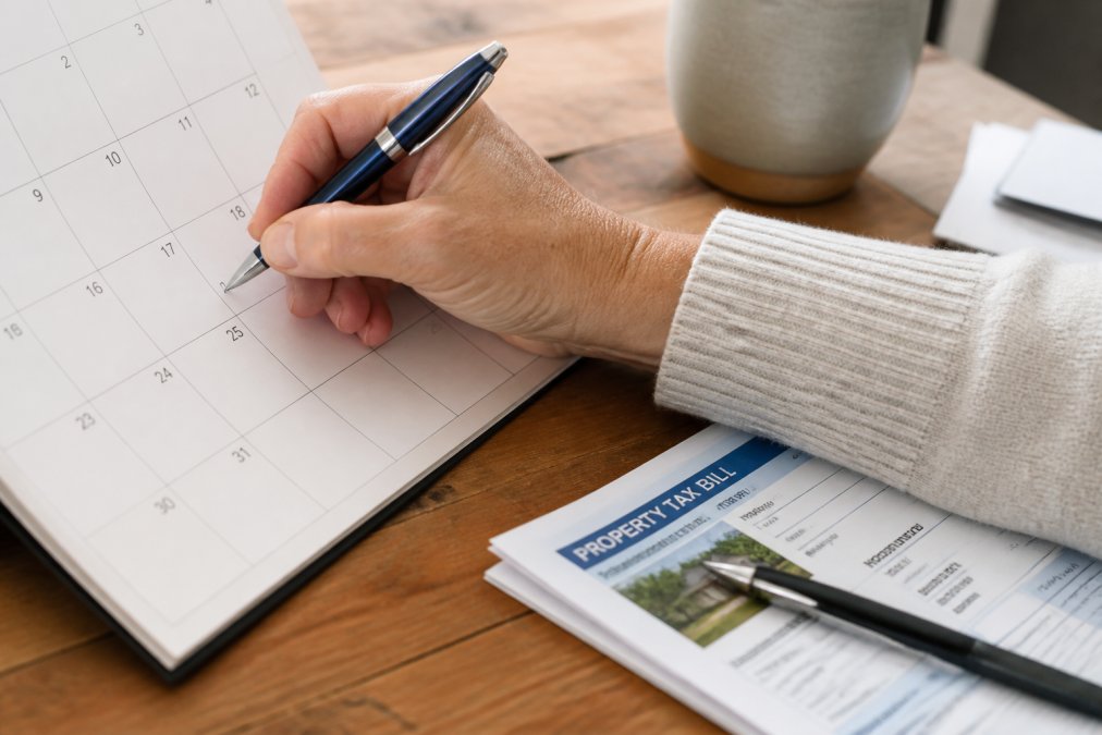Homeowner marking a calendar deadline while preparing for a property tax appeal at a wooden desk
