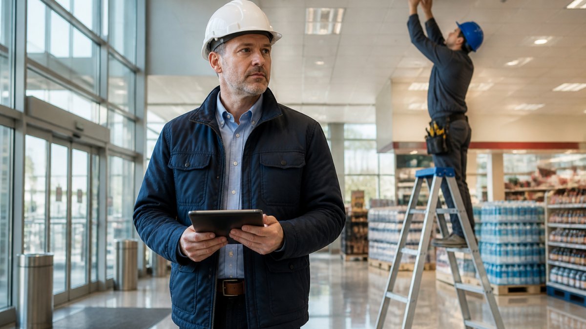 Regional facility manager using a tablet to oversee facility maintenance in a large retail store lobby