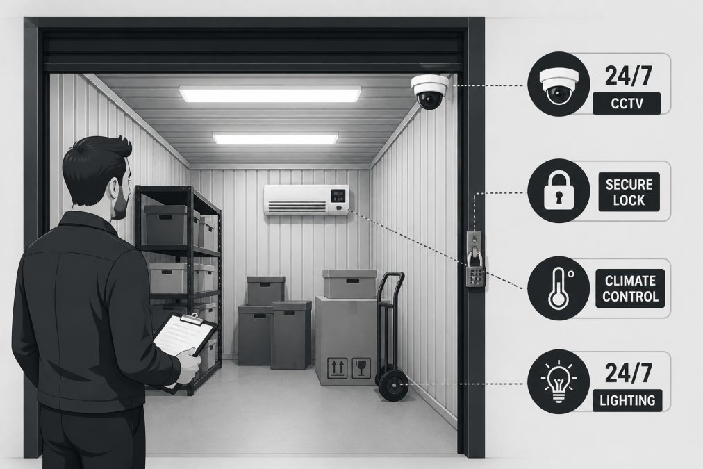 Business owner inspecting a clean, modern storage unit with visible 24/7 CCTV camera mounted in corner, bright fluorescent lighting, secure lock system, and climate control unit on wall