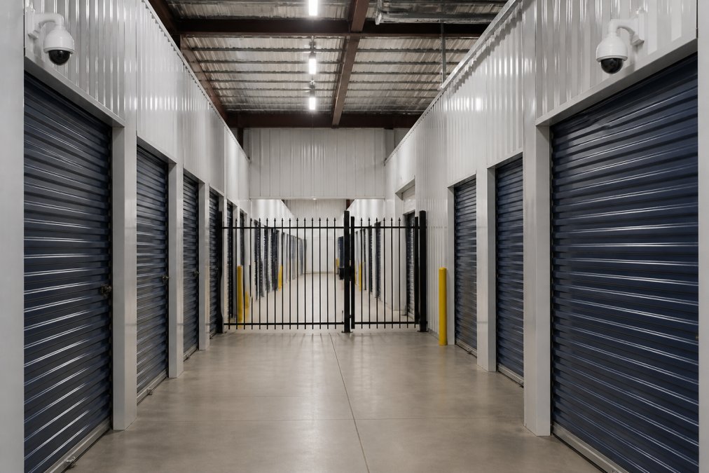 Interior view of a modern, brightly lit self-storage facility with rows of clean, organized storage units, gated security access, and visible CCTV cameras mounted on the ceiling