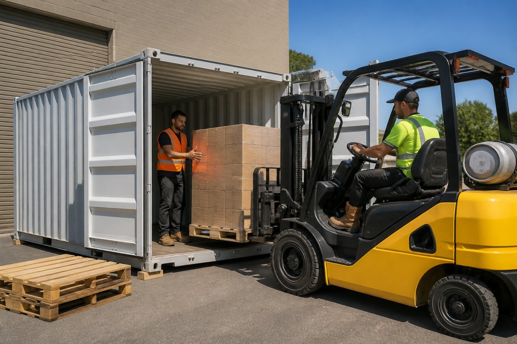 A portable storage container positioned at a business premises with workers and a forklift loading inventory, equipment, and materials into the unit in natural daylight