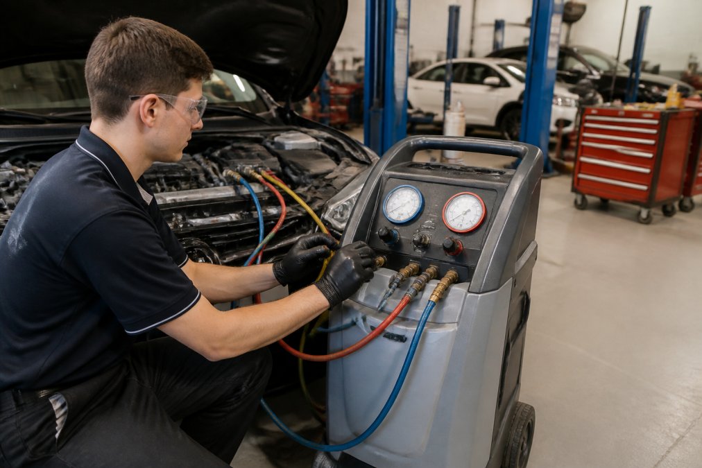 Technician using refrigerant recovery equipment to service an automotive air conditioning system in a workshop