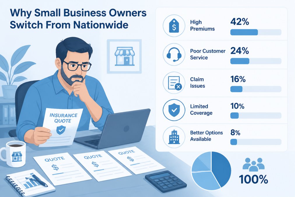 Small business owner sitting at desk reviewing insurance documents and comparing quotes on laptop, looking thoughtful and concerned
