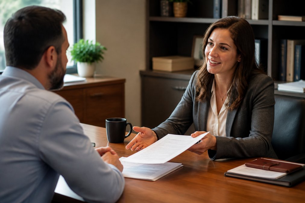 Insurance agent having friendly conversation with business owner across desk, with documents and coffee visible, warm office lighting