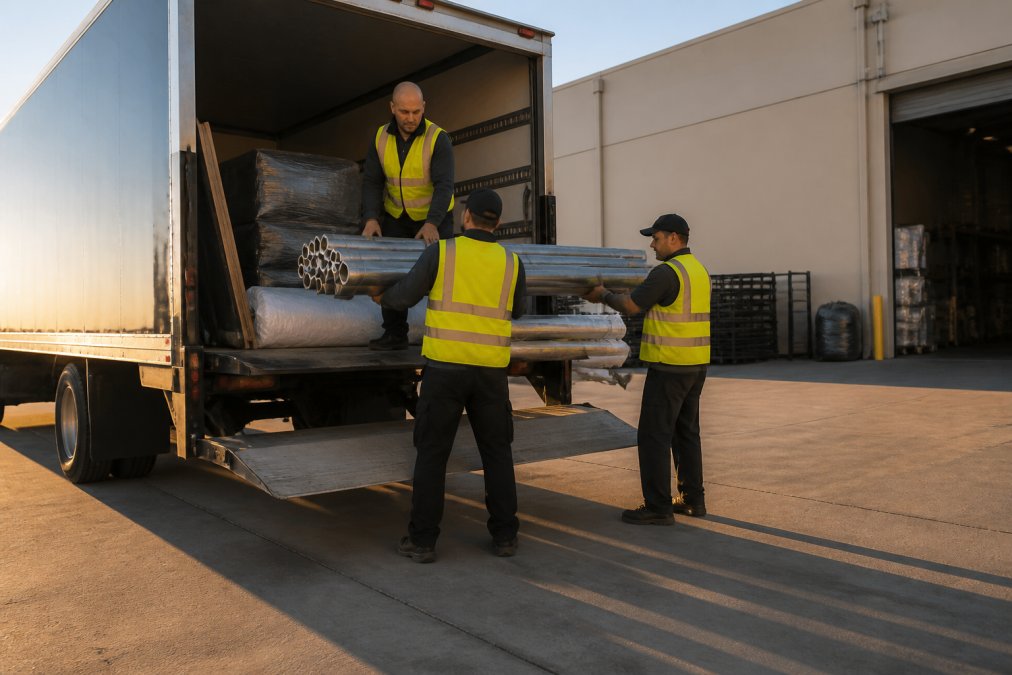 Warehouse staff in safety vests loading steel drape poles and wrapped fabric onto a box truck with a hydraulic liftgate, late afternoon light