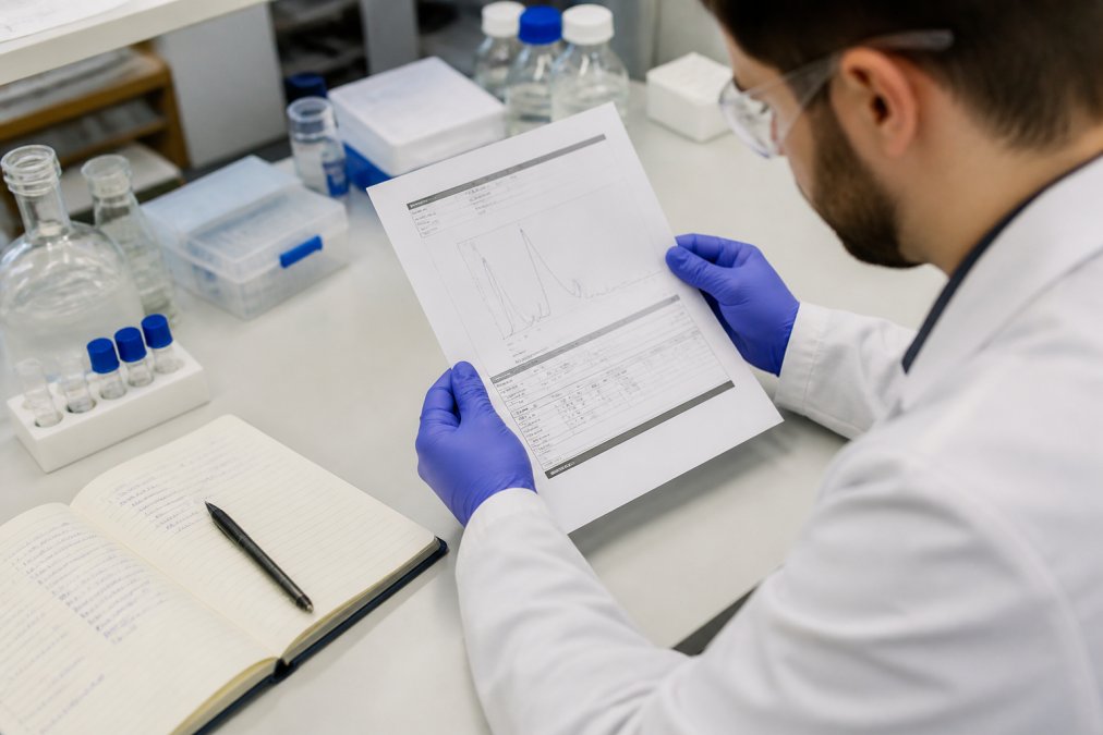 Researcher in white lab coat examining a printed Certificate of Analysis document with HPLC chromatogram data spread across a clean laboratory bench, with a pen and notebook visible, under bright overhead lighting