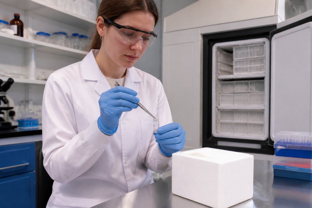Researcher in white lab coat carefully handling a lyophilised peptide vial with sterile technique using forceps, with a -80°C freezer and labelled storage containers visible in the background, under bright laboratory lighting