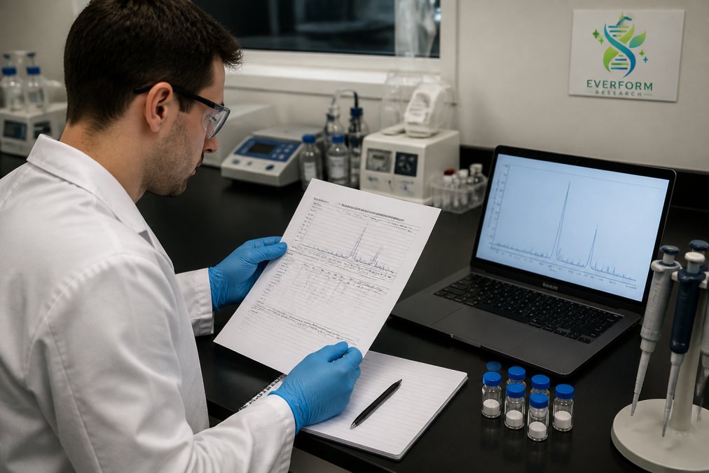 A researcher in a laboratory coat examining a printed Certificate of Analysis document next to a laptop displaying chromatogram data, with vials of lyophilized powder visible on the bench