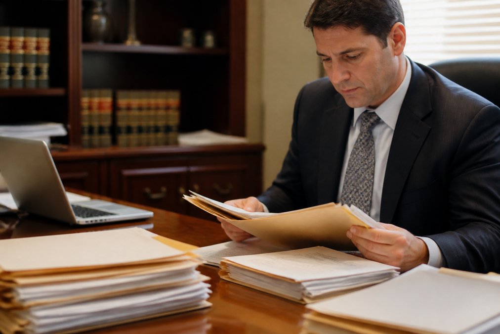 A legal professional in a suit reviewing a stack of medical documents and folders at a desk, with a laptop open displaying a secure document portal interface, under warm office lighting