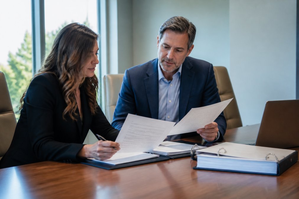 Two colleagues in a law office comparing printed reports and discussing options at a conference table, with binders and a laptop visible, in a modern conference room with natural window light
