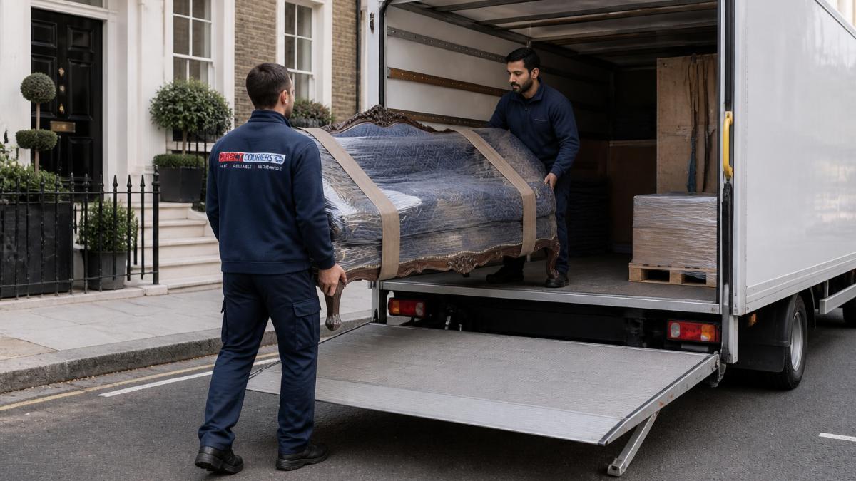 Two couriers in uniform carefully loading a wrapped antique sofa into a tail-lift Luton van outside a London townhouse, with blankets and straps visible.
