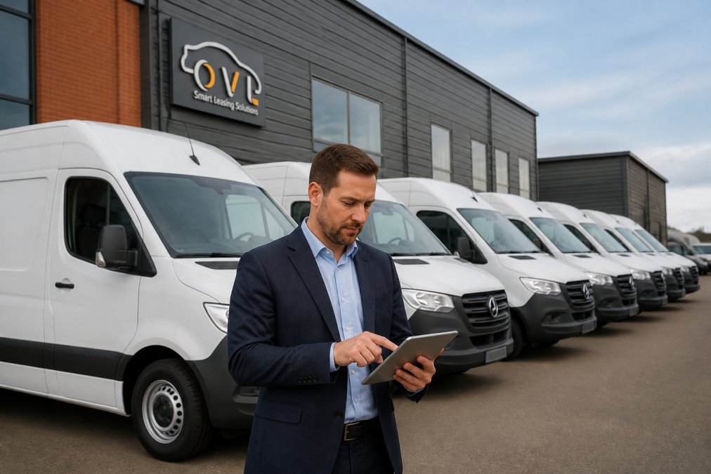 Account manager reviewing a tablet near a fleet of vans for nationwide vehicle contracts at a business premises