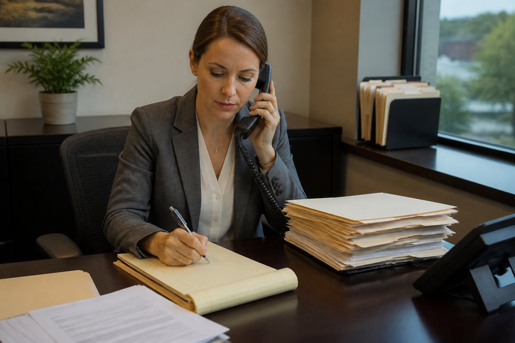 Insurance agent or customer service representative on phone call, taking detailed notes while helping customer file claim in professional office setting