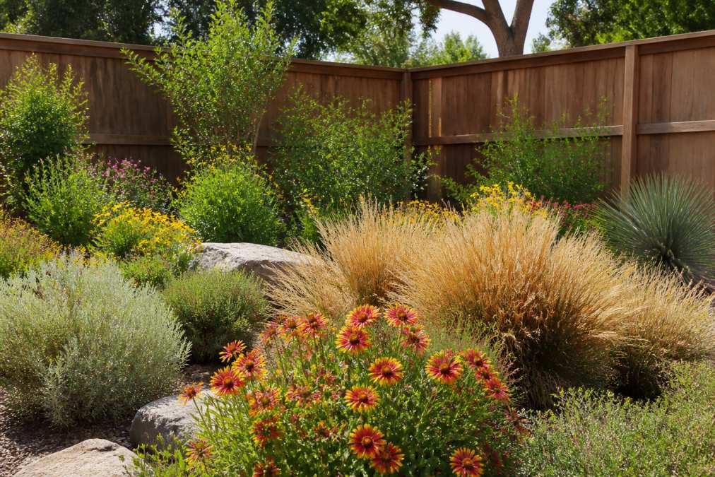 Residential backyard featuring a well-designed native plant landscape with blooming wildflowers in reds and yellows, ornamental grasses in warm bronze tones, and native shrubs creating layered texture and depth against a wooden fence