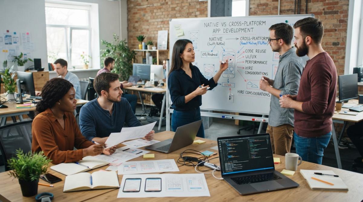Professional illustration showing team and diverse and development concepts for native vs cross-platform app development