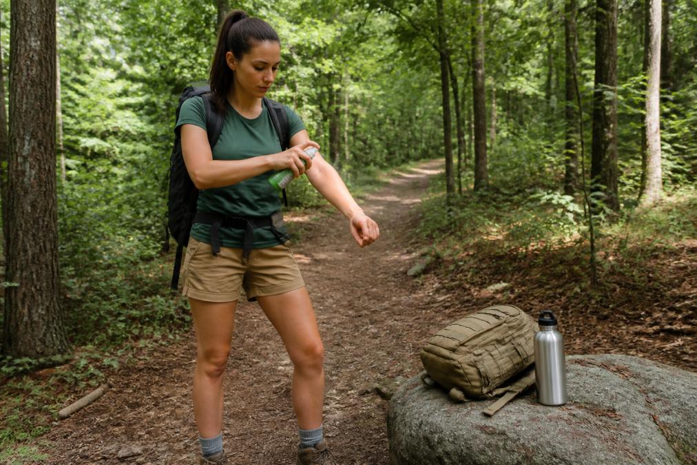 Hiker in outdoor hiking gear applying tick repellent spray to clothing and exposed skin on arms and legs before heading into a wooded trail, natural forest lighting