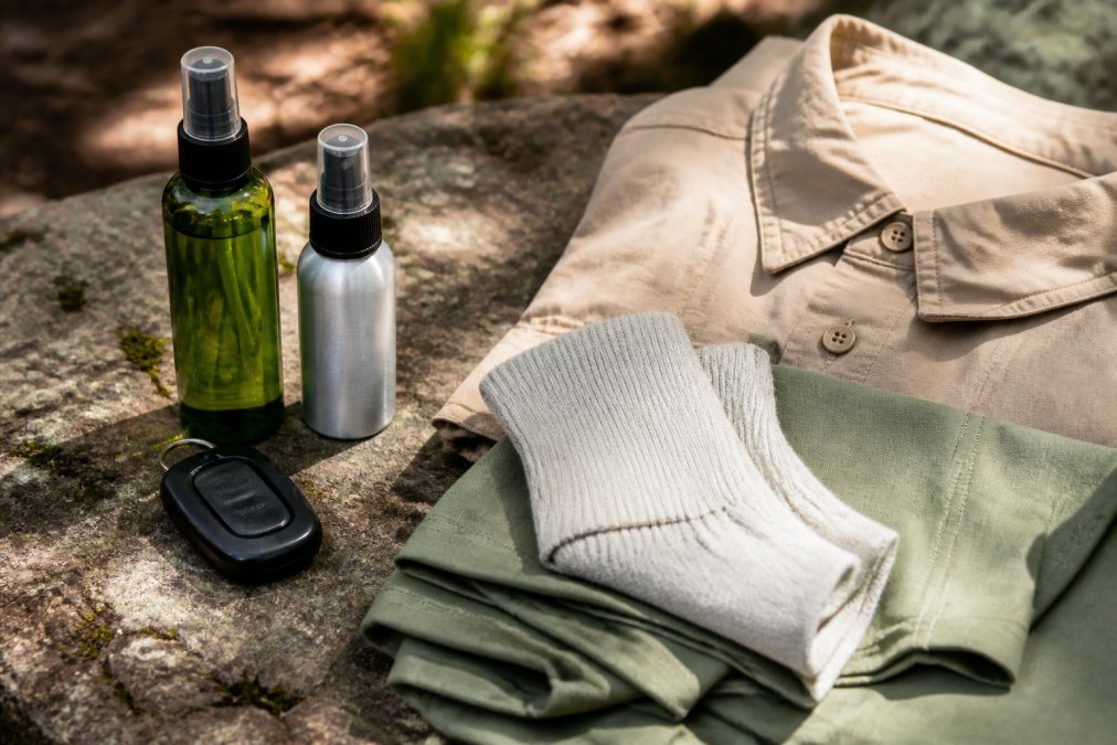 Close-up of various tick repellent products including spray bottles, pre-treated clothing samples, and a portable ultrasonic device laid out on natural outdoor surface with dappled sunlight