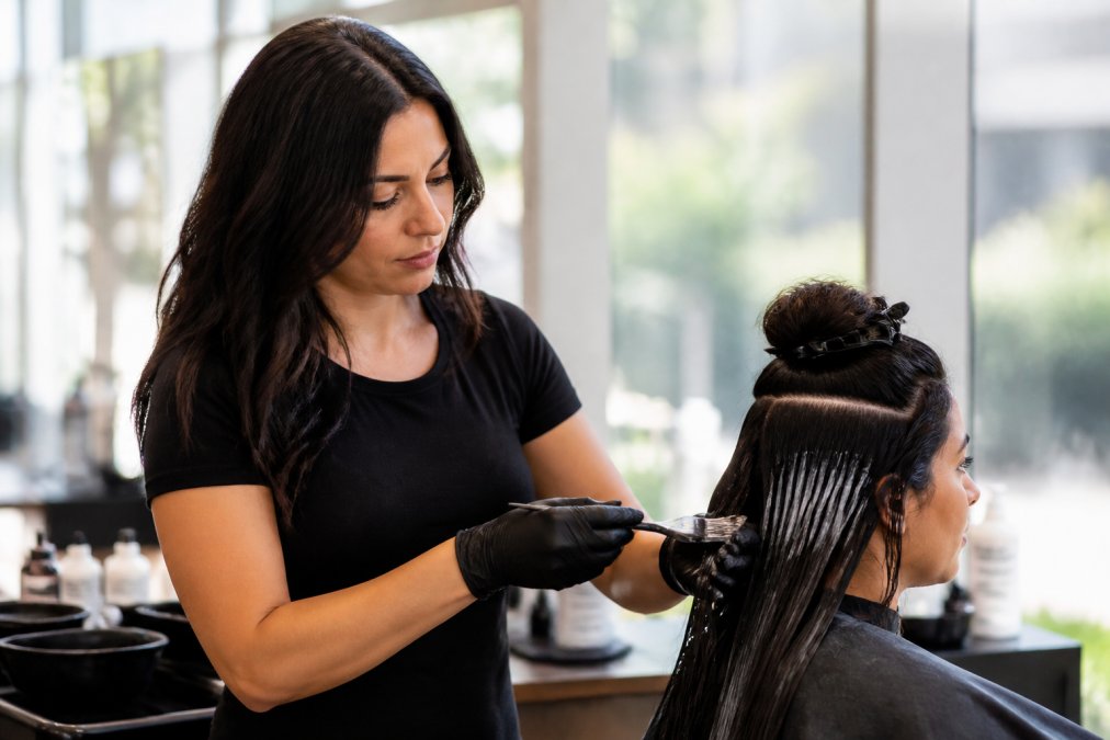 Professional stylist carefully applying keratin treatment to client's dark hair in modern salon with soft natural lighting from large windows, showing precise sectioning technique and professional product application