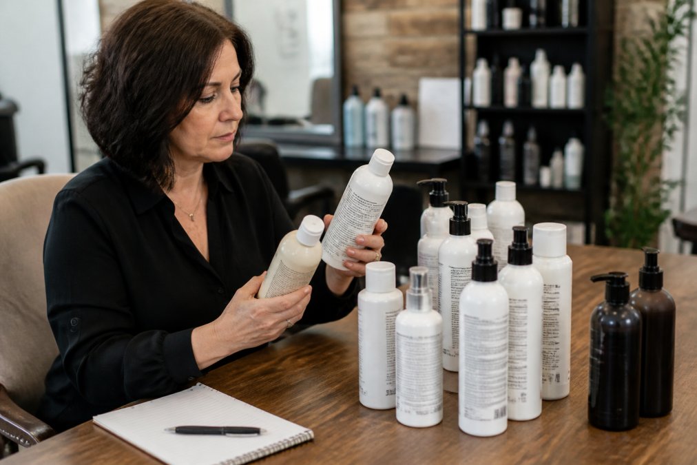 Salon owner examining multiple professional hair care product bottles and ingredient labels on wooden desk with notebook and pen, comparing formulations and certifications