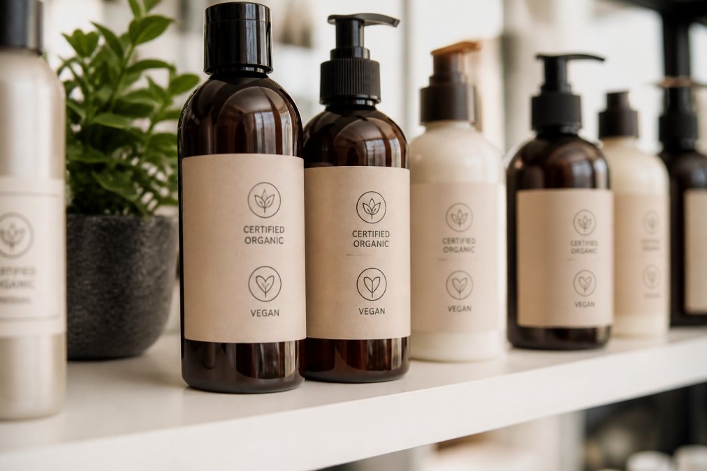 Close-up of professional hair care product bottles with organic and vegan certification labels clearly visible, displayed on a clean white salon shelf with soft diffused lighting