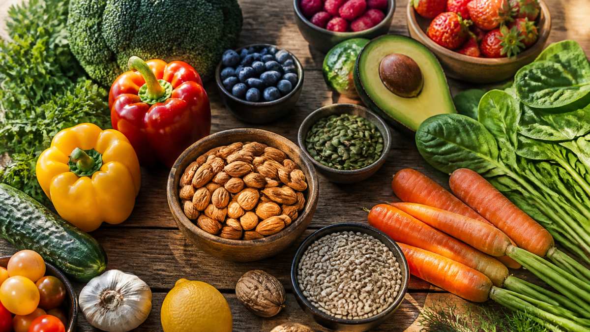 Flat lay of fresh whole foods including colorful vegetables, fruits, nuts, and seeds arranged on a wooden surface with natural sunlight