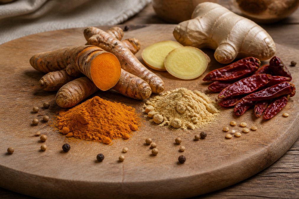 Close-up of fresh turmeric root, ground ginger, and dried cayenne peppers arranged on a wooden cutting board with scattered whole spices and fresh ginger slices