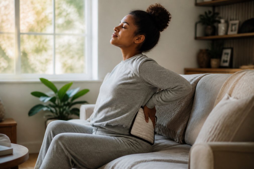 Person sitting on a couch applying a warm heating pad to their lower back, wearing comfortable gray sweats, with soft natural light coming through a window behind them