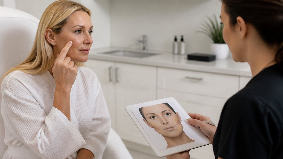 Patient consulting with a provider on aesthetic fillers and the facial fat transfer process using a tablet diagram