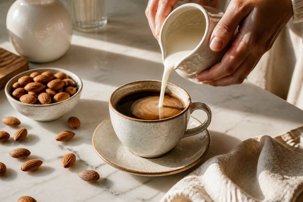 Close-up of hands pouring creamy almond milk into a ceramic coffee cup, with fresh almonds scattered on a marble countertop and morning sunlight streaming across the surface