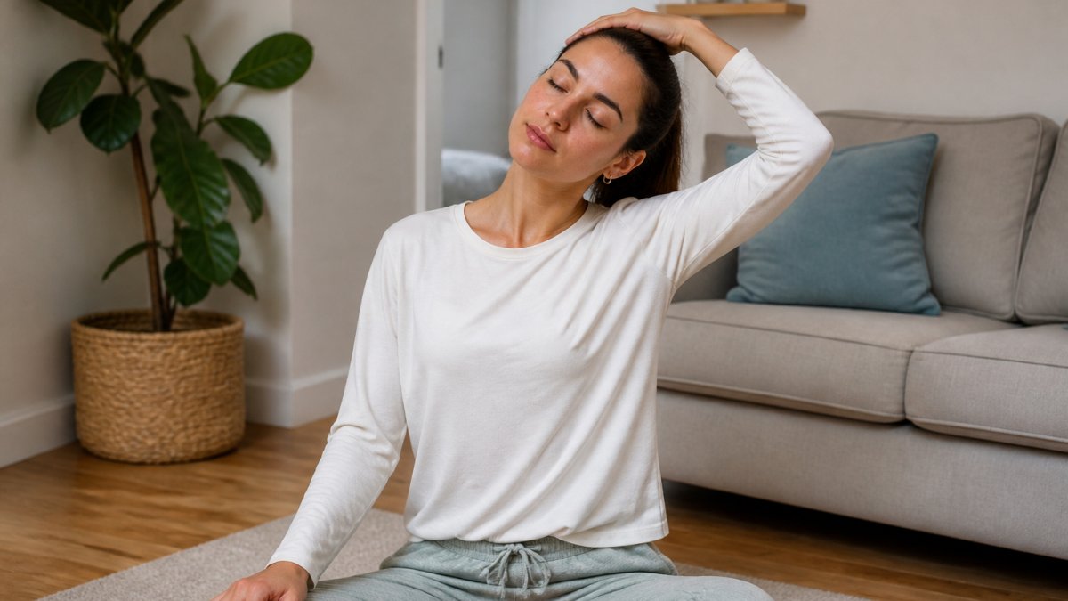 Woman performing a gentle neck stretch in a bright living room to relieve tension headaches