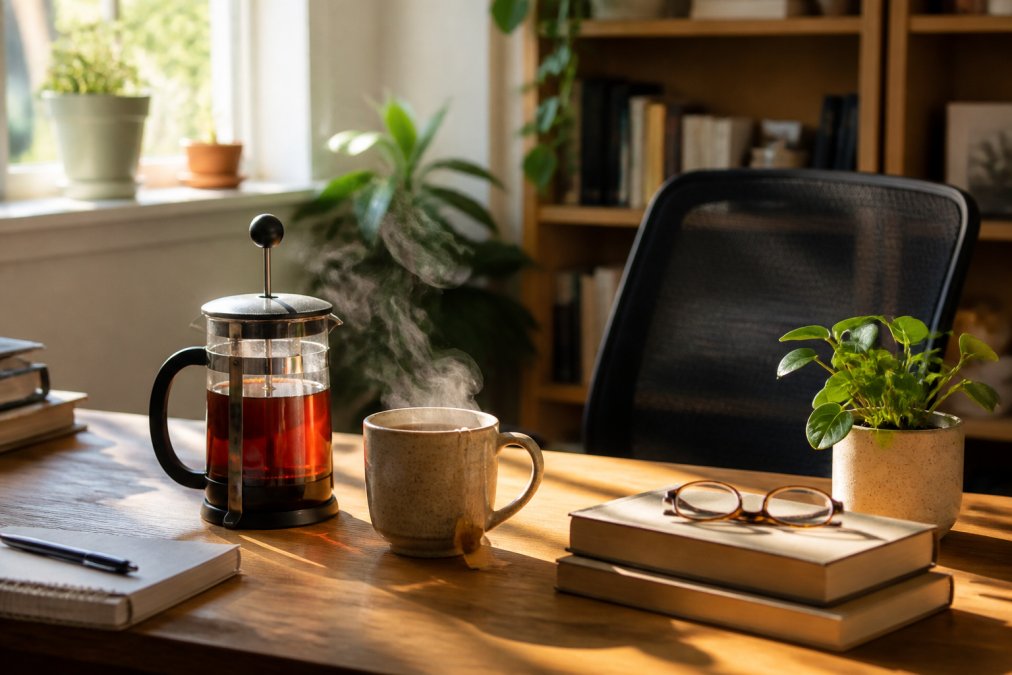 A cozy home office desk with a steaming cup of herbal tea, a French press, and a laptop, bathed in soft afternoon light
