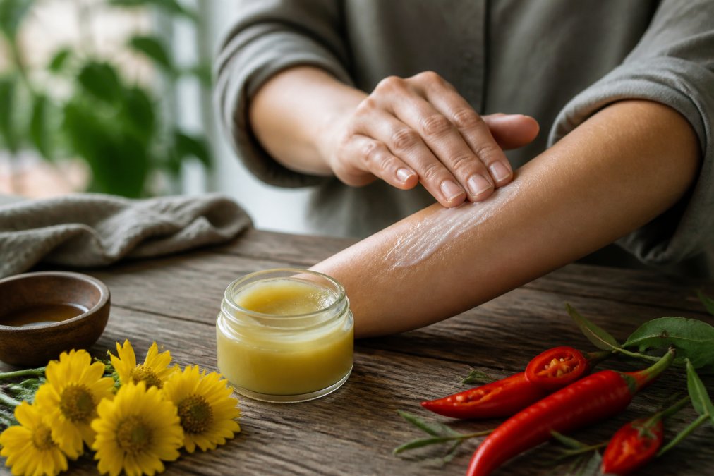 Close-up of hands gently applying a natural cream to a forearm, with an open jar of herbal salve and fresh arnica flowers and cayenne peppers arranged on a rustic wooden table, soft natural window lighting