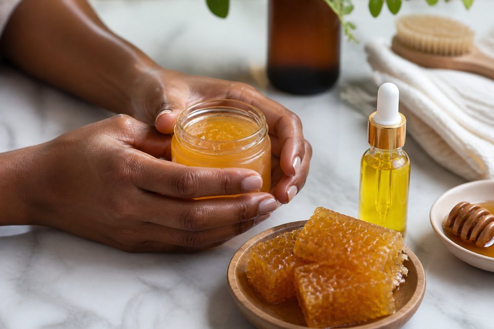 A close-up of a woman's hands holding a small jar of honey-based skincare product next to a honeycomb and a dropper bottle, with soft natural lighting on a marble countertop