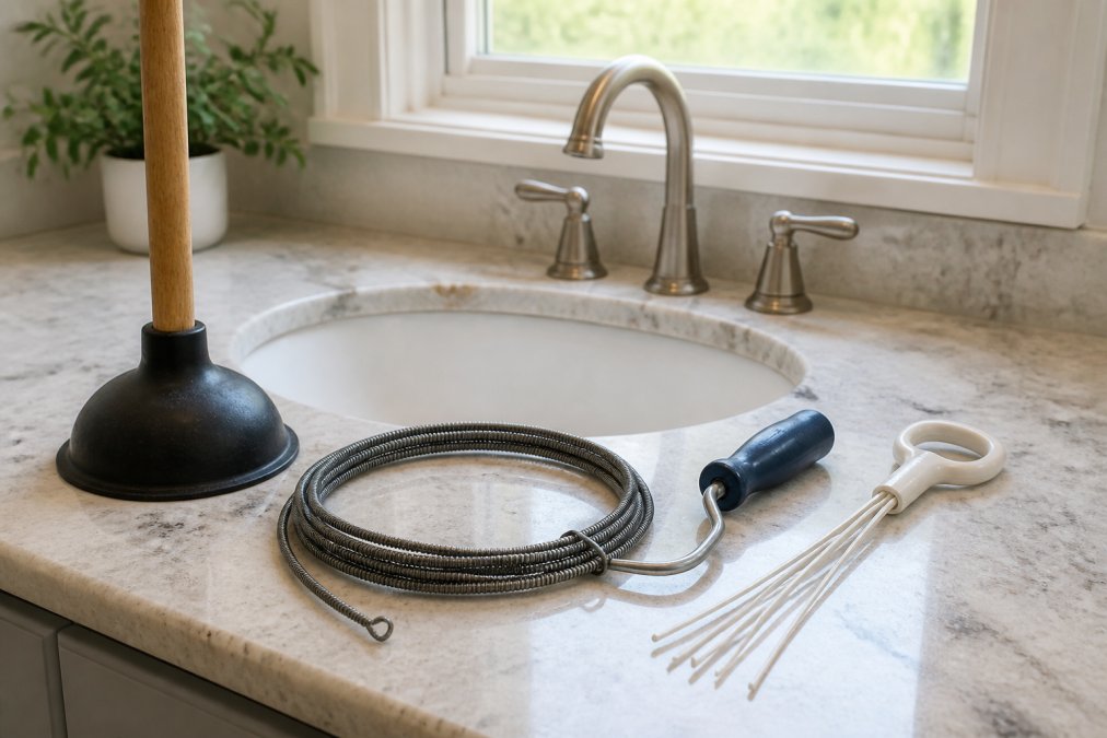 Close-up of a standard plunger, flexible drain snake, and hair catcher tool arranged on a bathroom counter beside a sink with natural window lighting