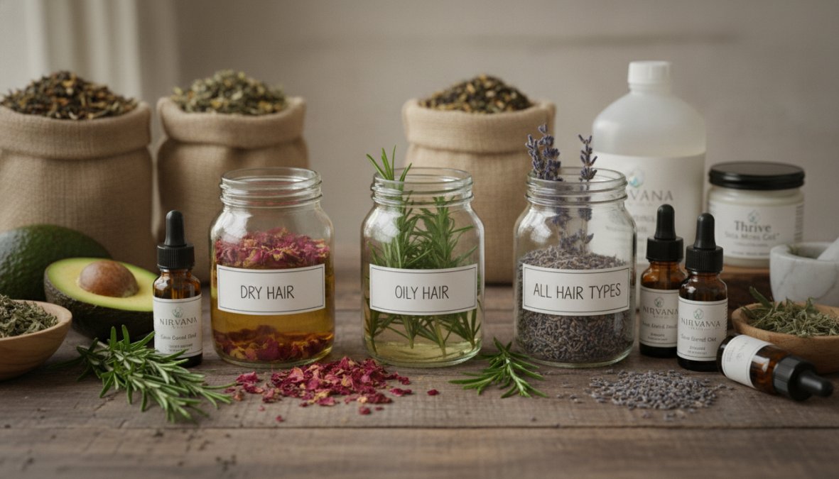 Close-up of natural ingredients for hair growth, rosemary sprigs, pumpkin seeds, essential oil bottles, and glass containers with measuring tools arranged on a wooden surface with soft natural lighting