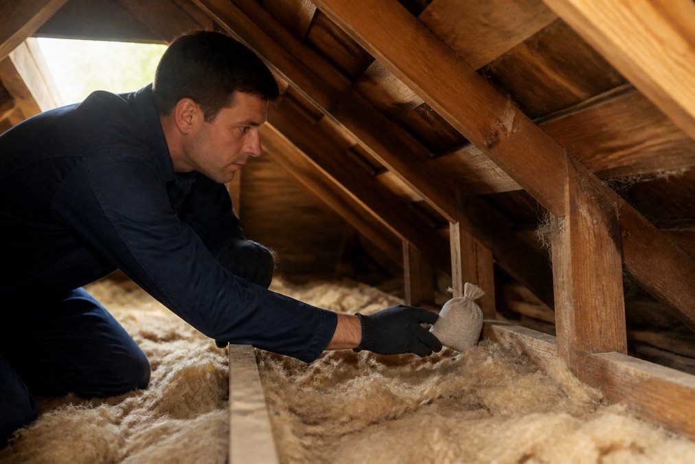 A technician carefully placing botanical repellent pouches in attic corners near wooden beams, with natural light filtering through the attic opening