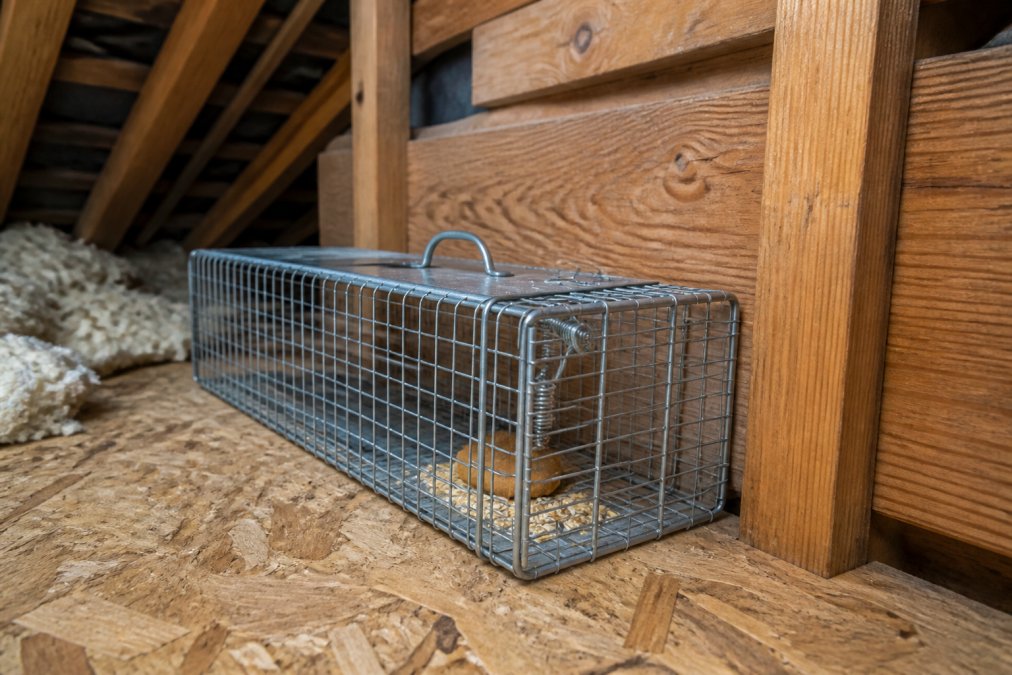 A live trap positioned along an attic wall near wooden beams, showing proper placement technique with bait visible inside the trap mechanism