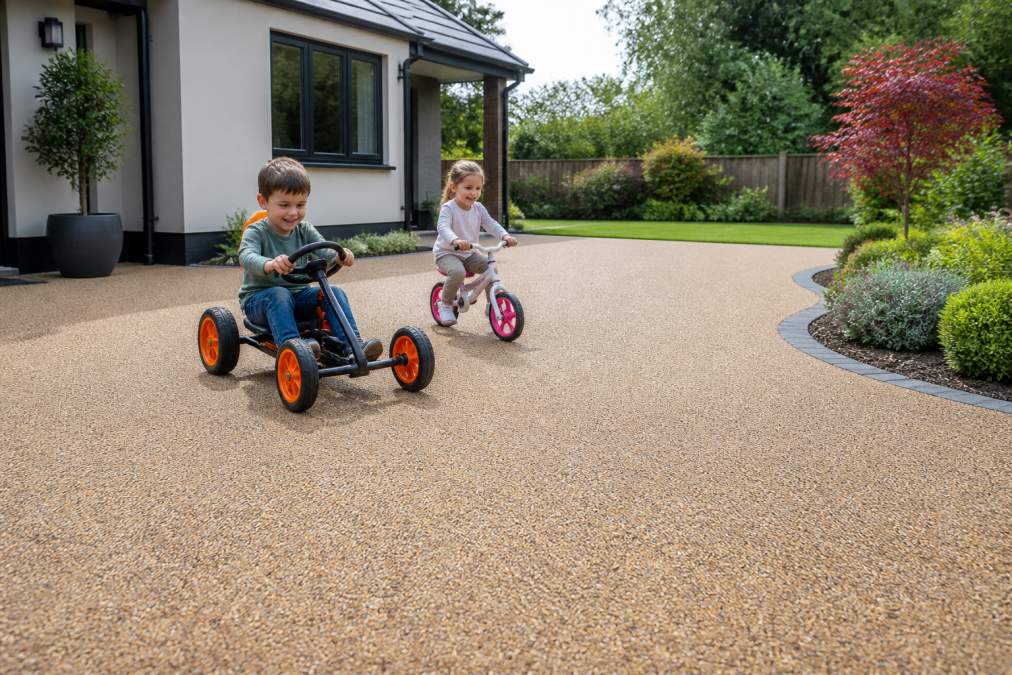 A family home in Norfolk with a smooth resin bound driveway, children playing safely on the surface, garden borders visible in the background