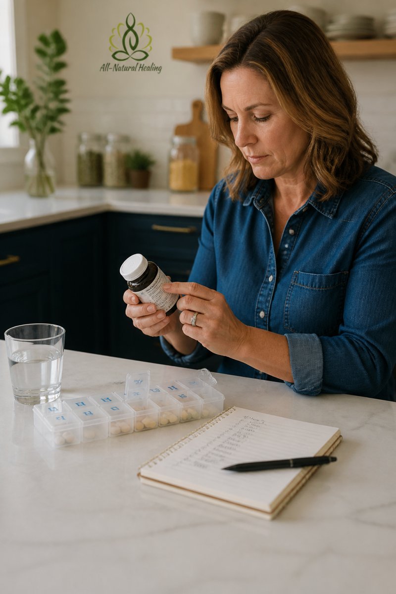 Person in a bright kitchen checking a supplement bottle label near natural alternatives and medication notes