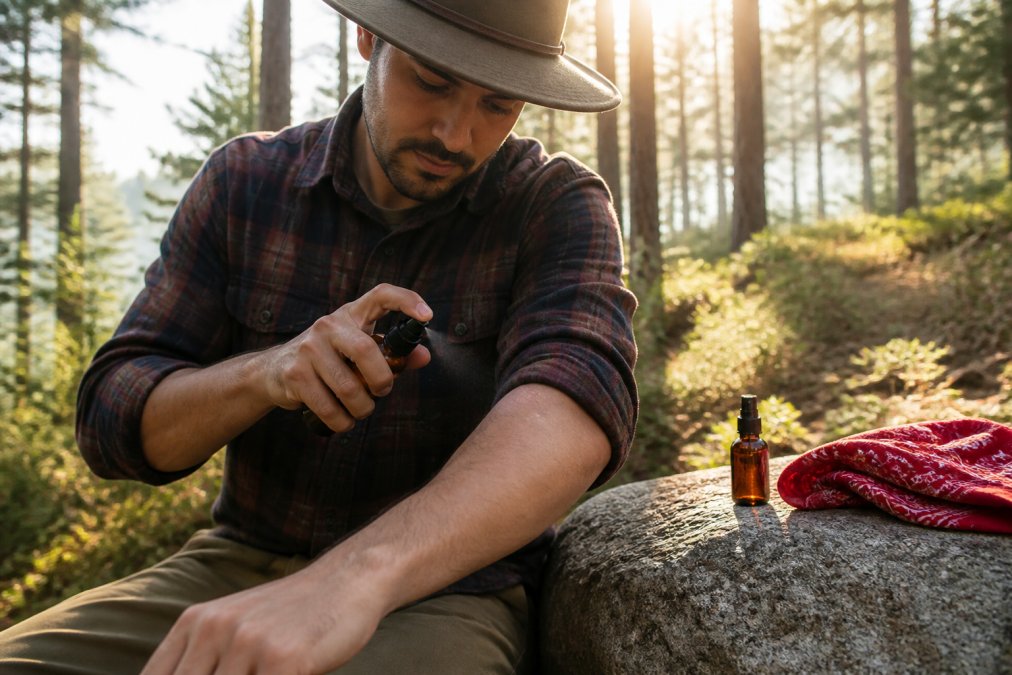 A hiker in a flannel shirt and wide-brim hat applying natural bug spray to a bare forearm, a small amber bottle of Fly Dope resting on a granite boulder beside a coiled bandana, morning light through pine trees