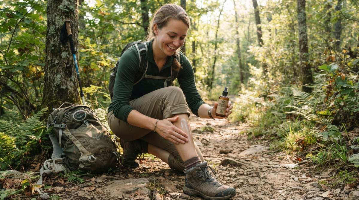 Person applying natural tick repellent spray to their leg before heading outdoors on a hiking trail in a forested area with dappled sunlight filtering through tall pine trees