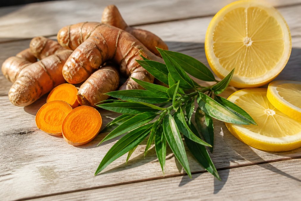 Close-up of turmeric root, fresh tea tree leaves, and sliced lemon arranged on a light wooden surface with soft morning sunlight casting gentle shadows